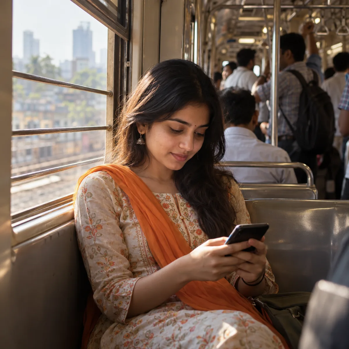 A woman reading on her phone in a local train