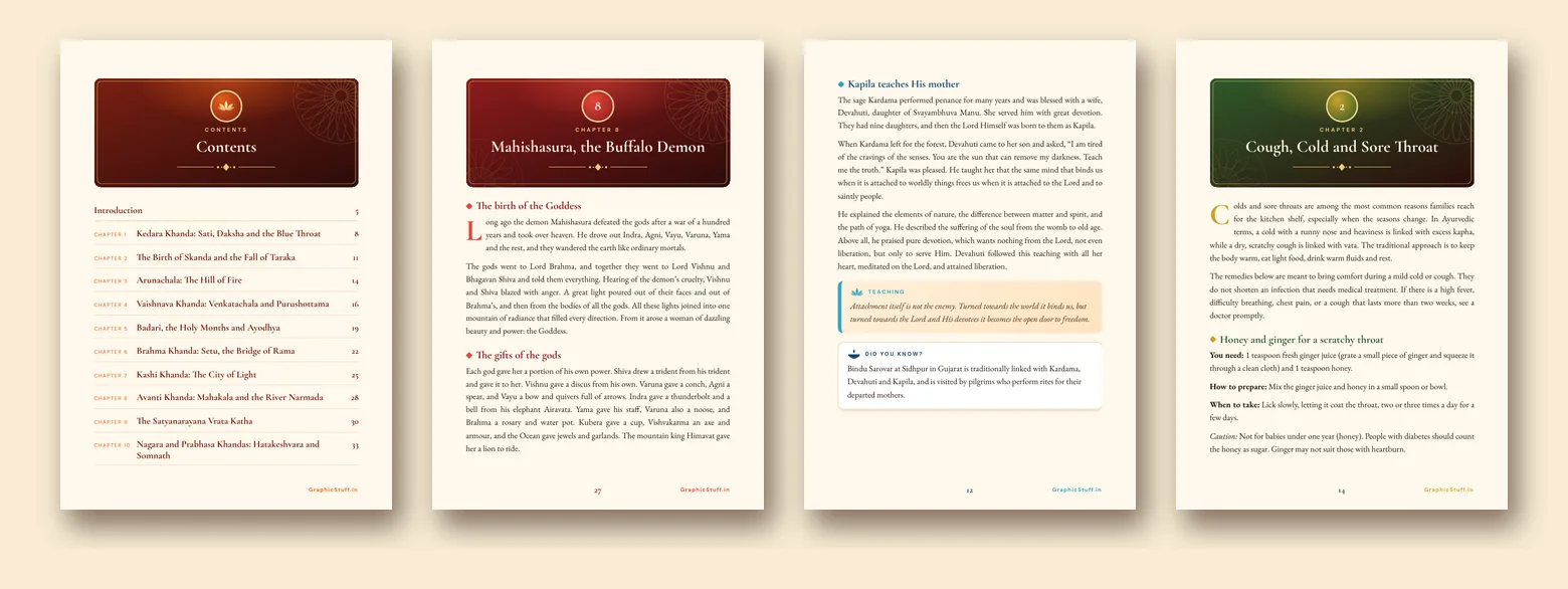 Sample pages: contents page, a Purana chapter and a bonus guide chapter