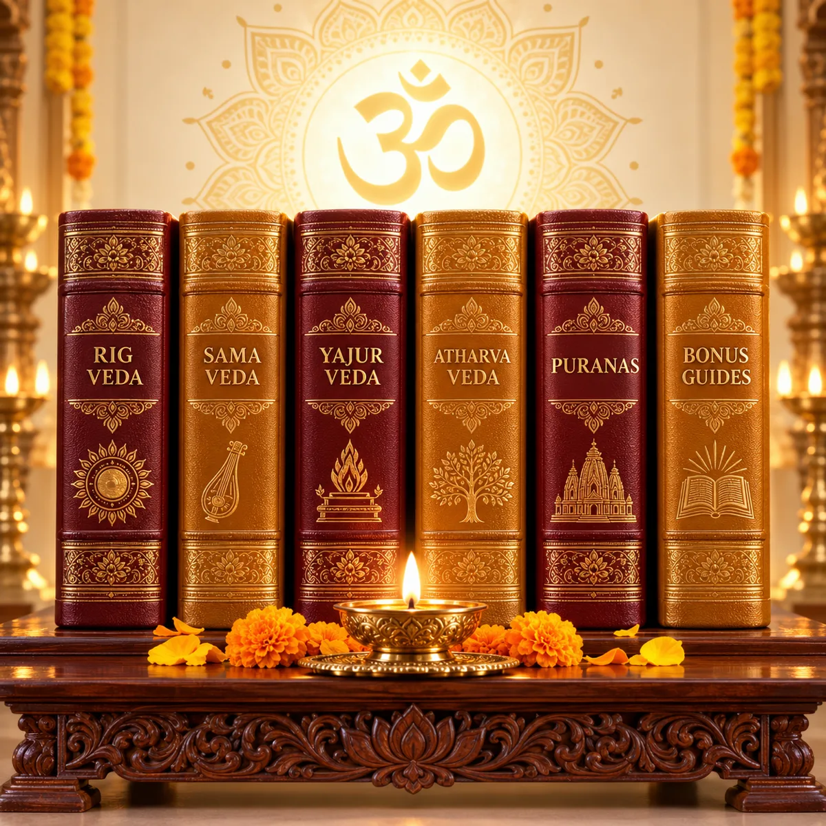 The 4 Vedas and Puranas, sacred books with a lit diya