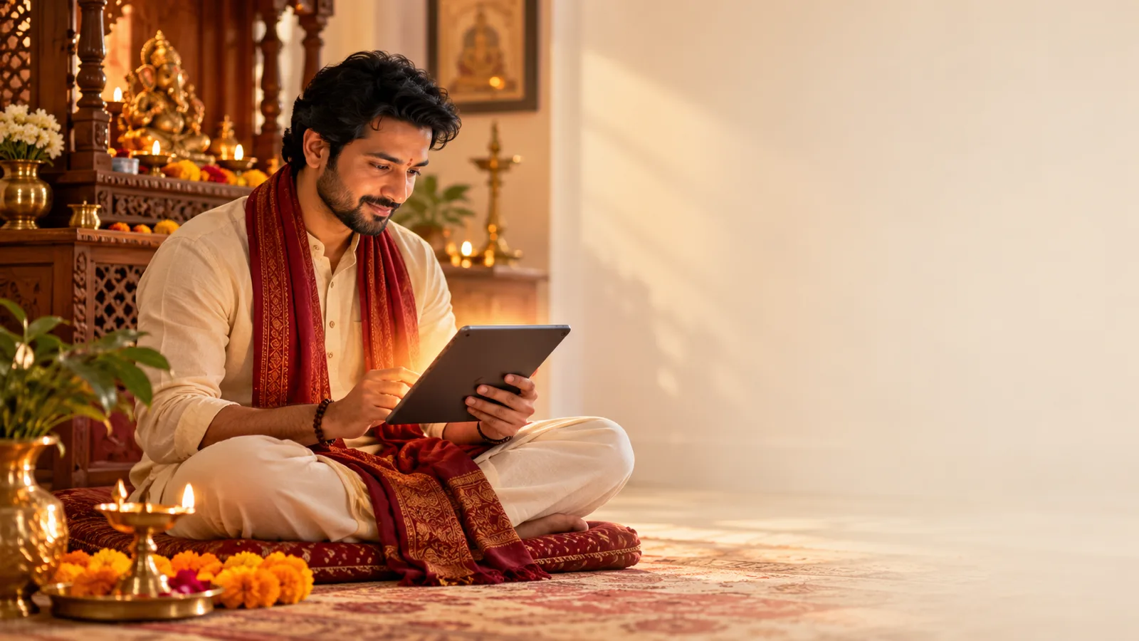 A man reading on a tablet at his home puja corner