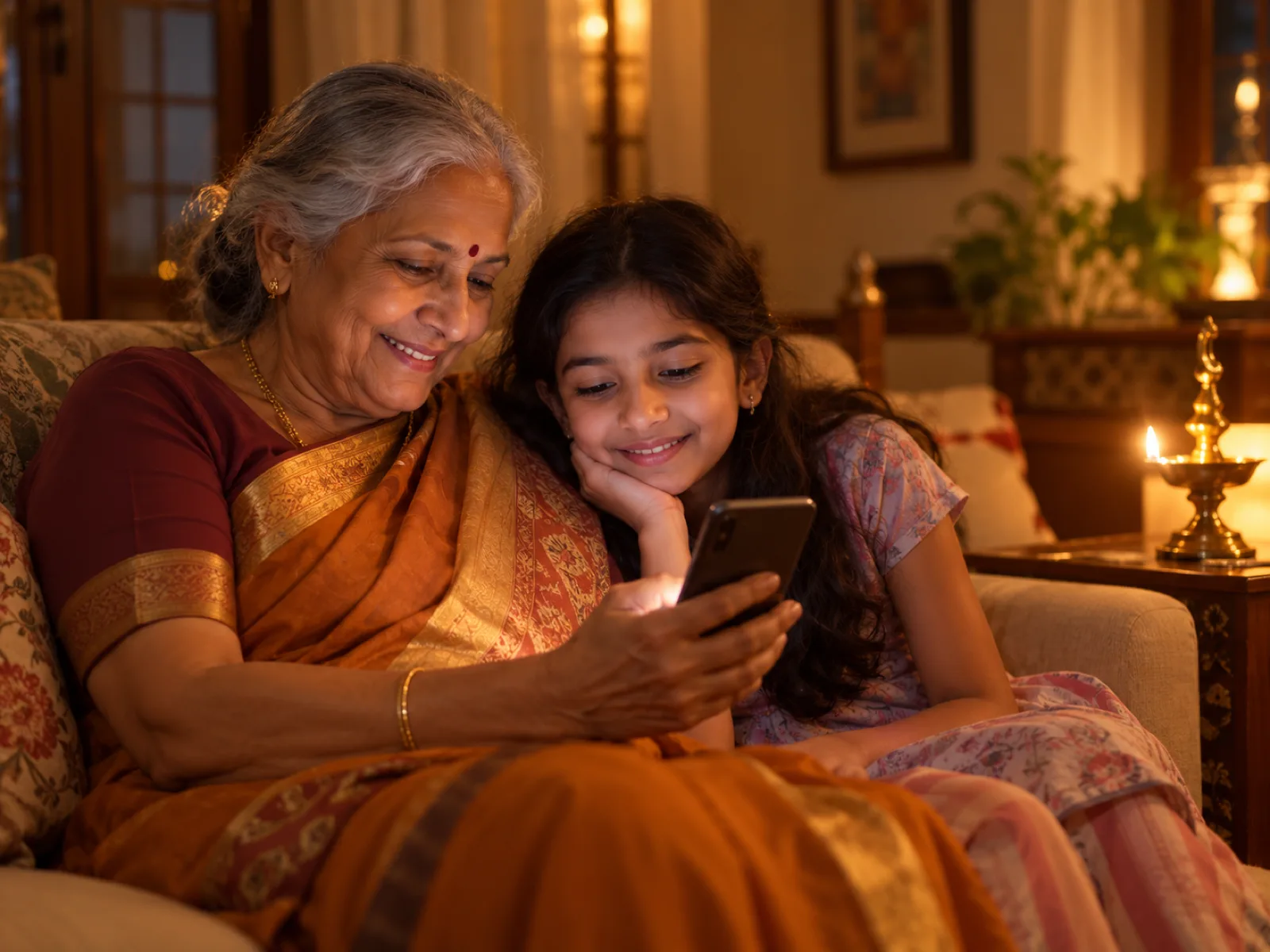 A grandmother and granddaughter reading on a phone