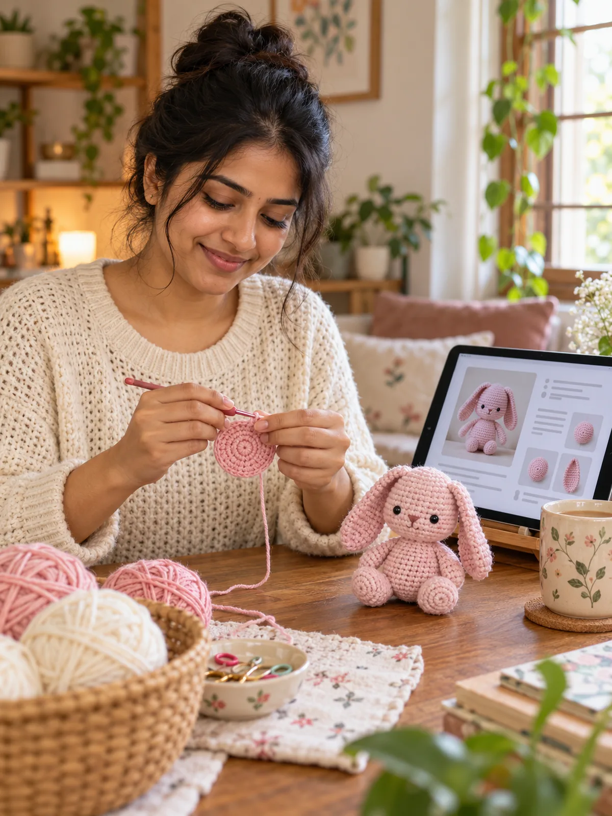 Woman crocheting a pink bunny at home