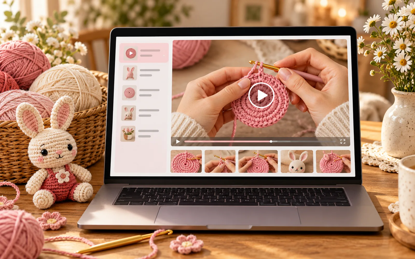 Crochet video course on a laptop
