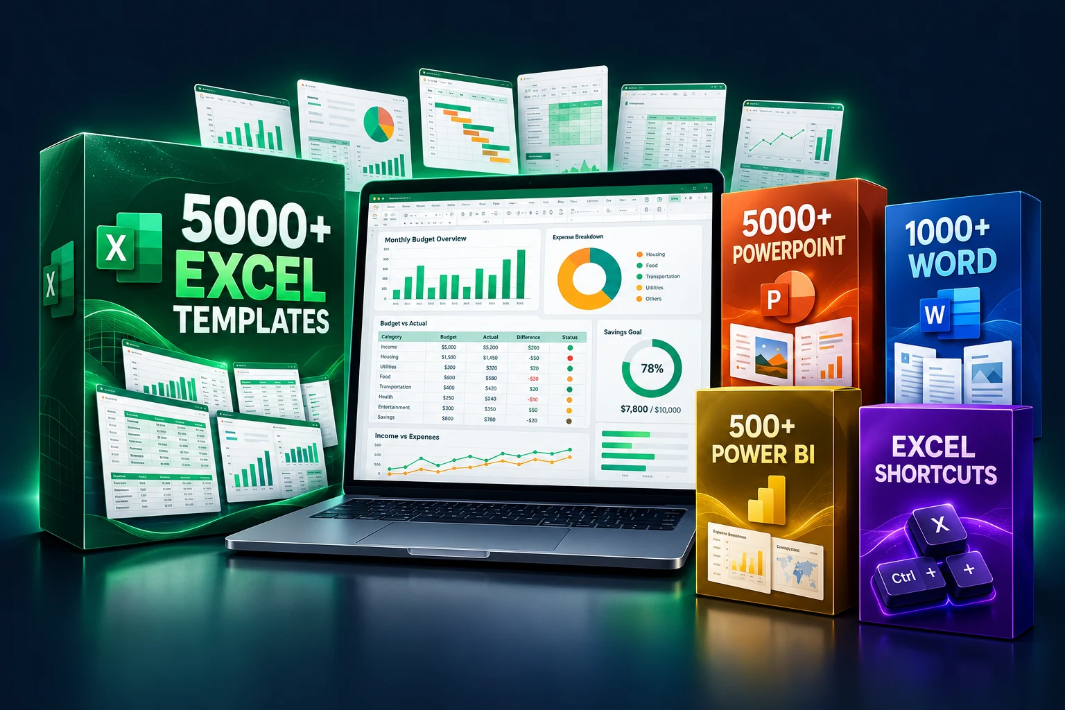 Illustrative complete digital bundle mockup: 5000+ Excel templates with PowerPoint, Word, Power BI and Excel Shortcuts packs