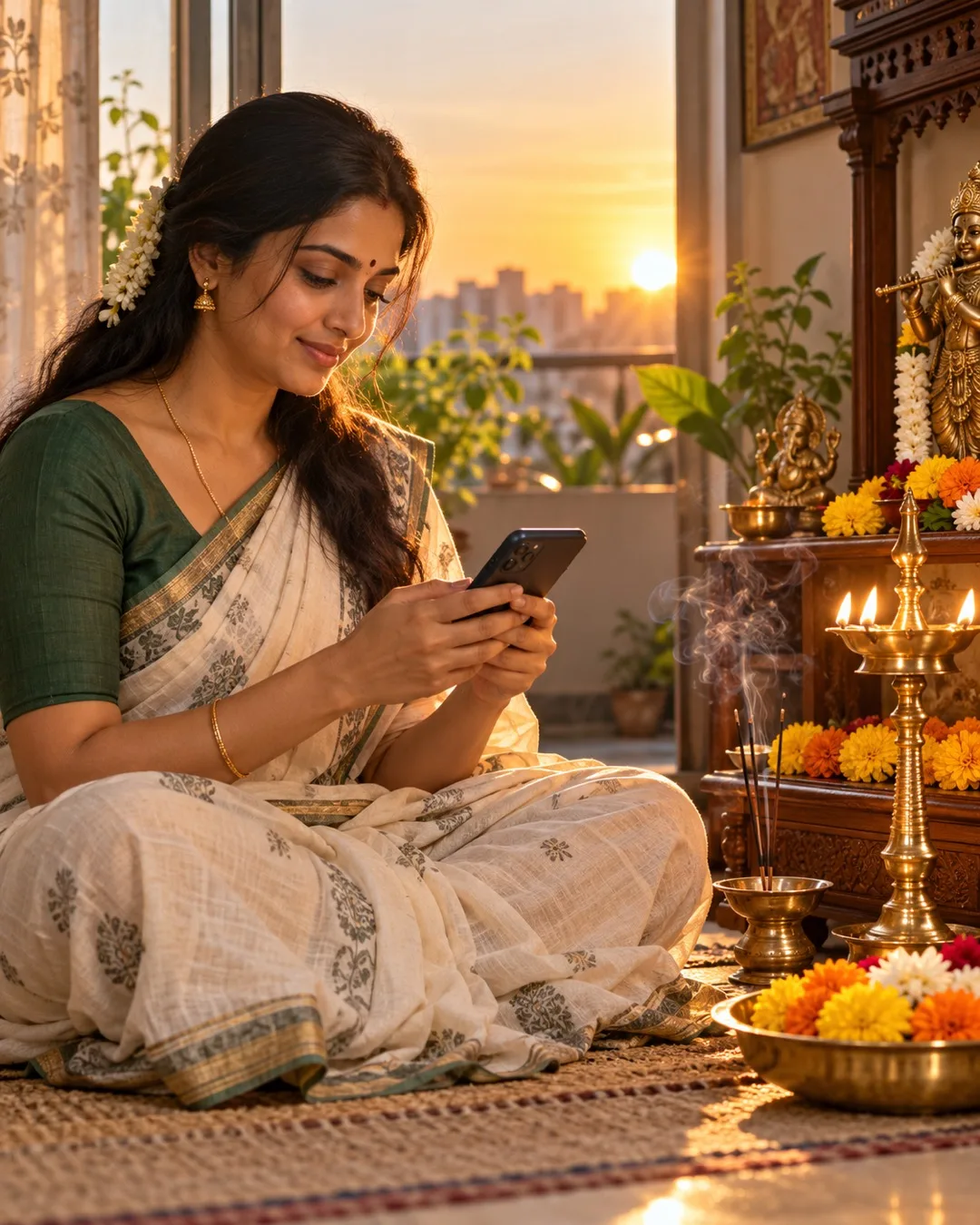 A woman reading the scriptures on her phone at her home altar