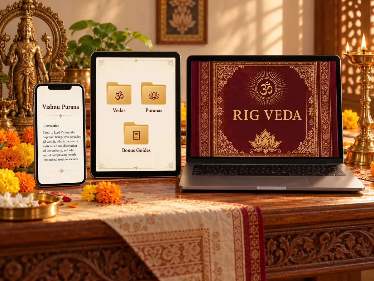 Vishnu Purana on a phone, library folders on a tablet and the Rig Veda on a laptop