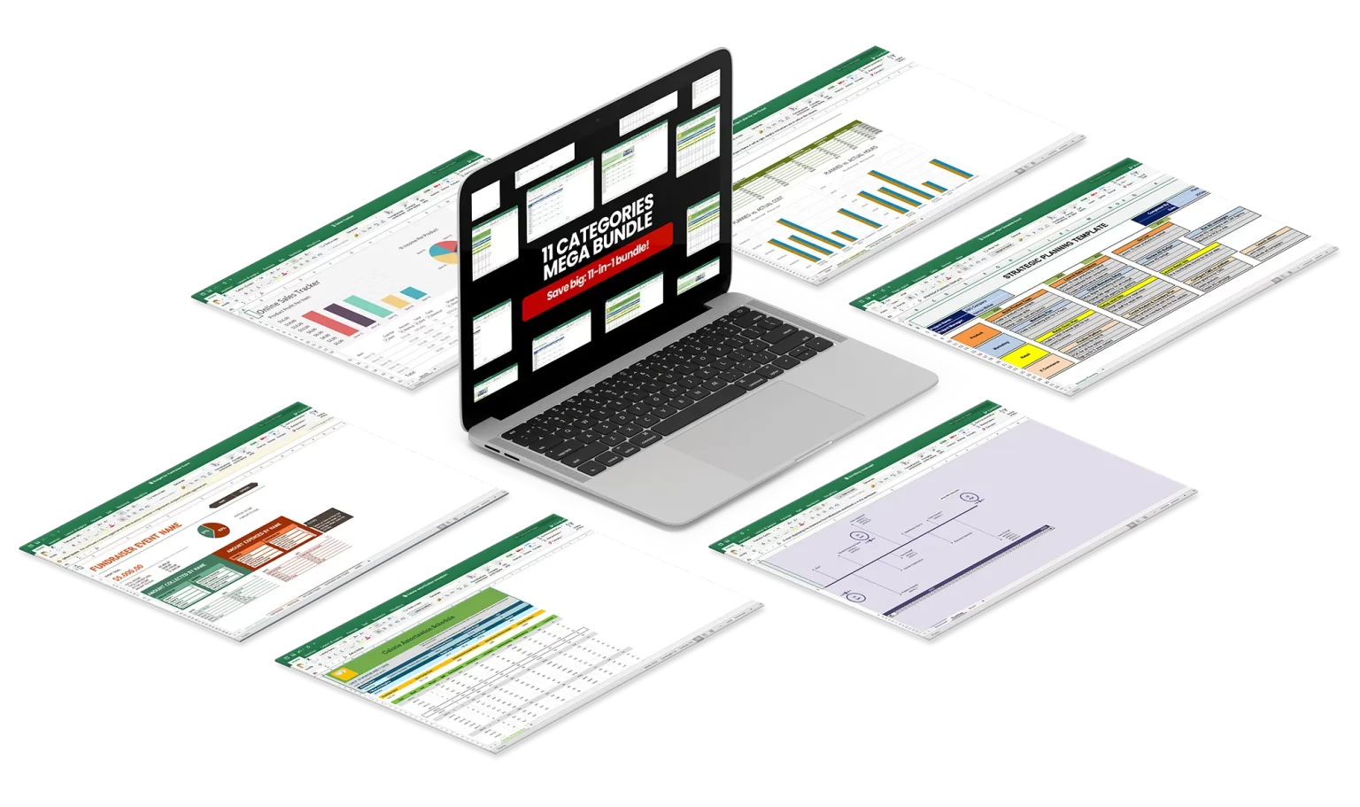 Illustrative Excel dashboard and template layouts around a laptop